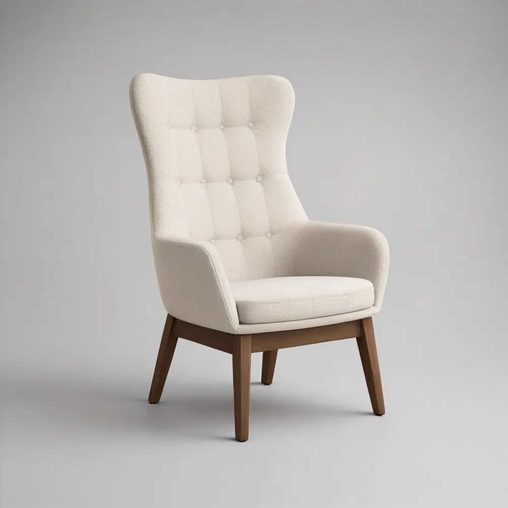 Poltrona de Encosto Alto em Poliéster Bege com Pernas em Madeira Castanha, 75 x 82 x 105 cm