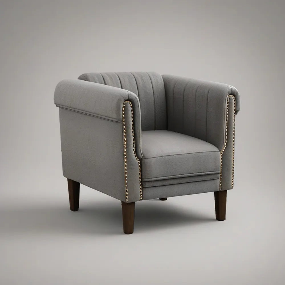Poltrona Estofada Cinzenta com Tachas Douradas, 78 x 80 x 82 cm