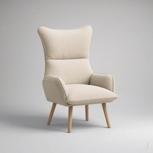 Poltrona de Encosto Alto em Tecido Bouclé Creme com Pés em Madeira Natural, 72 x 78 x 105 cm