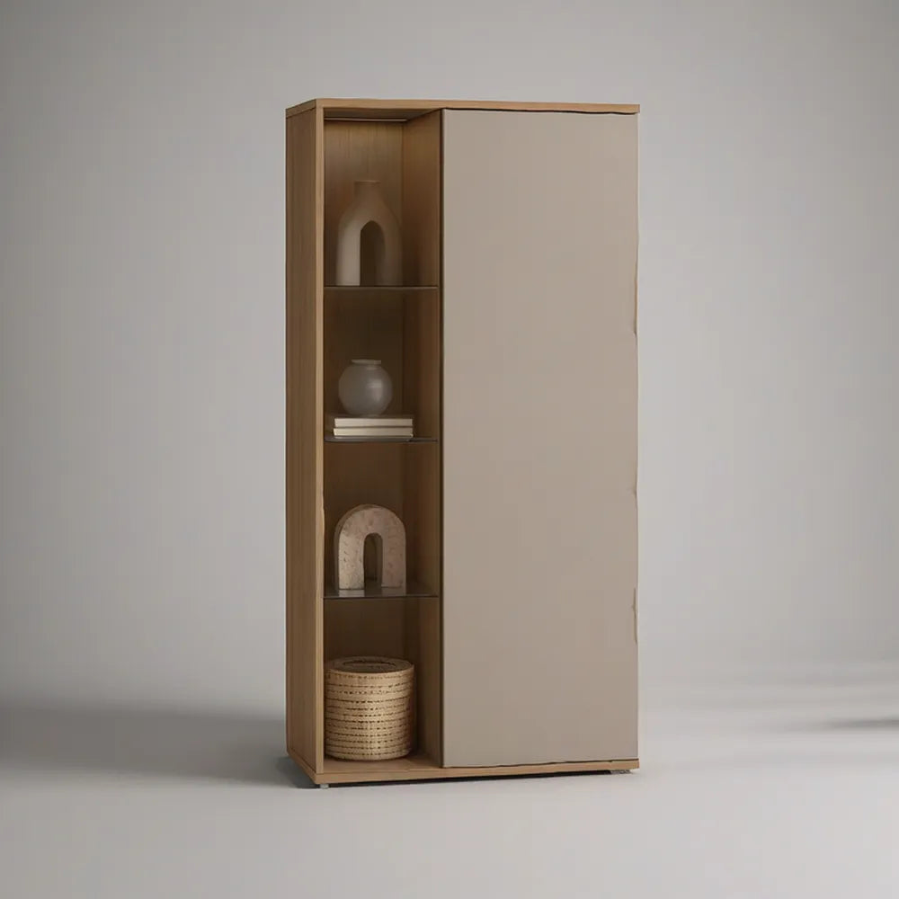 Vitrine Alta com Porta e 4 Nichos Abertos em Bege e Carvalho Natural, 80 x 40 x 180 cm