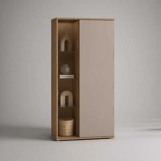 Vitrine Alta com Porta e 4 Nichos Abertos em Bege e Carvalho Natural, 80 x 40 x 180 cm