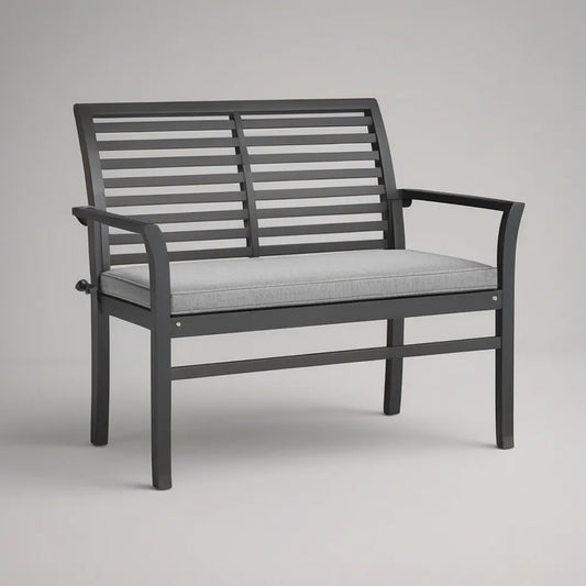 Banco de Jardim para 2 Lugares em Aço Preto com Almofada Cinzenta, 120 x 65 x 88 cm