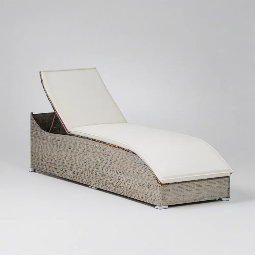 Espreguiçadeira Reclinável Curva em Rattan PE Bege com Almofada Branca, 200 x 70 x 85 cm