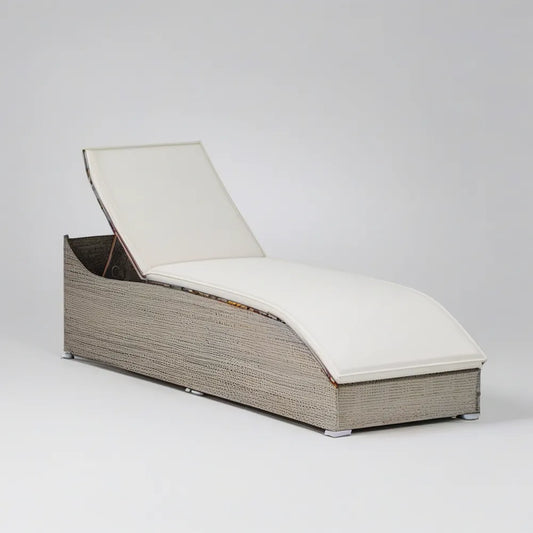 Espreguiçadeira Reclinável Curva em Rattan PE Bege com Almofada Branca, 200 x 70 x 85 cm